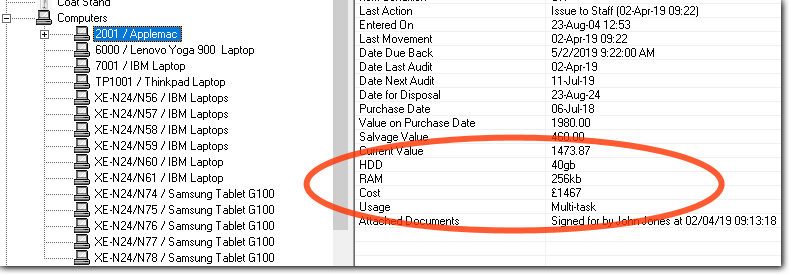 List of asset details